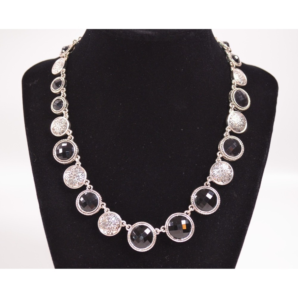 Napier Black Faceted Silver Medallions Statement Necklace New 22"